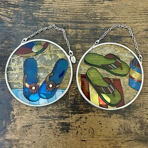 Set of 2 Amia Hand Painted Glass Flip Flop Beach Suncatchers 3.5” Hanging Decor